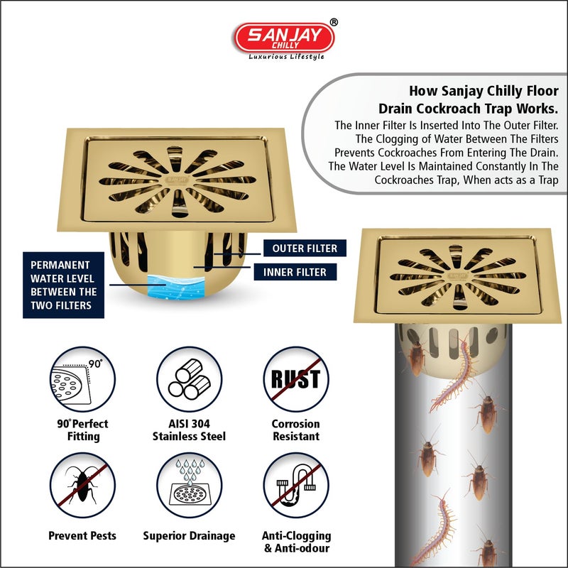Sanjay Chilly Square Ezee SS Floor Drain Colour Collection with Cockroach Trap for Bathroom 304 Grade Kitchen Sink Drain Cover Jali Washbasin Bathtub Laundry (French Gold 5x5 Inch) - Image 5