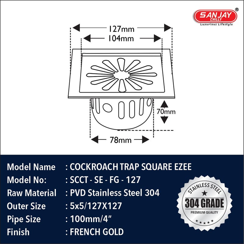 Sanjay Chilly Square Ezee SS Floor Drain Colour Collection with Cockroach Trap for Bathroom 304 Grade Kitchen Sink Drain Cover Jali Washbasin Bathtub Laundry (French Gold 5x5 Inch) - Image 3