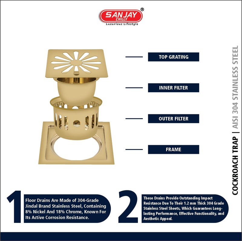 Sanjay Chilly Square Ezee SS Floor Drain Colour Collection with Cockroach Trap for Bathroom 304 Grade Kitchen Sink Drain Cover Jali Washbasin Bathtub Laundry (French Gold 5x5 Inch) - Image 4