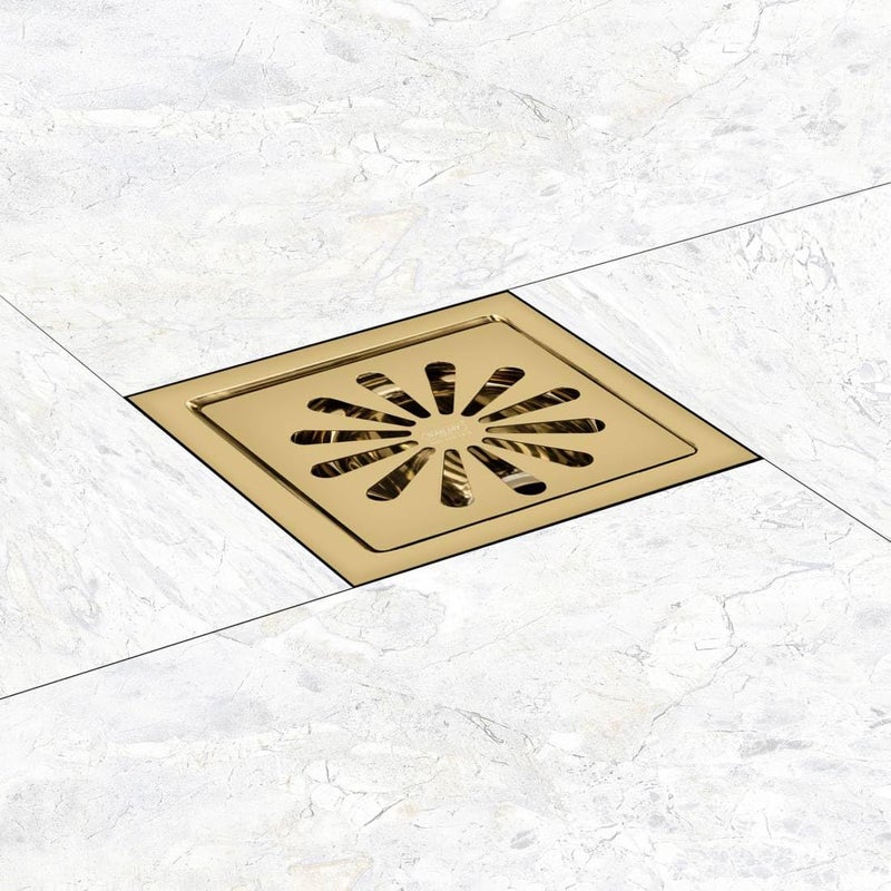 Sanjay Chilly Square Ezee SS Floor Drain Colour Collection with Cockroach Trap for Bathroom 304 Grade Kitchen Sink Drain Cover Jali Washbasin Bathtub Laundry (French Gold 5x5 Inch) - Image 1