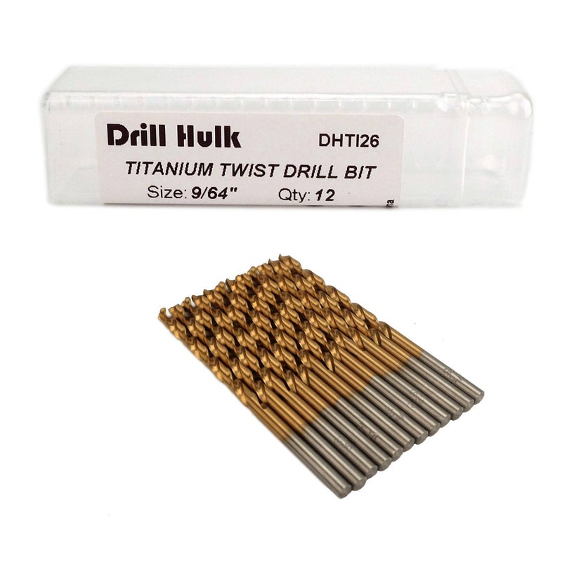 Drill Hulk Pack of 12, 9/64-Inch Titanium Nitride Coated Drill Bit, Premium M2 High Speed Steel, Jobber Length, for Metal, Plastic, Wood - Image 1