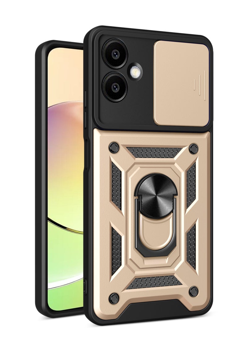 Shunjia Sliding Window Case, Shockproof Rugged Armor with Sliding Camera Cover & 360° Ring Kickstand, Compatible with Samsung Galaxy A06 (Gold)