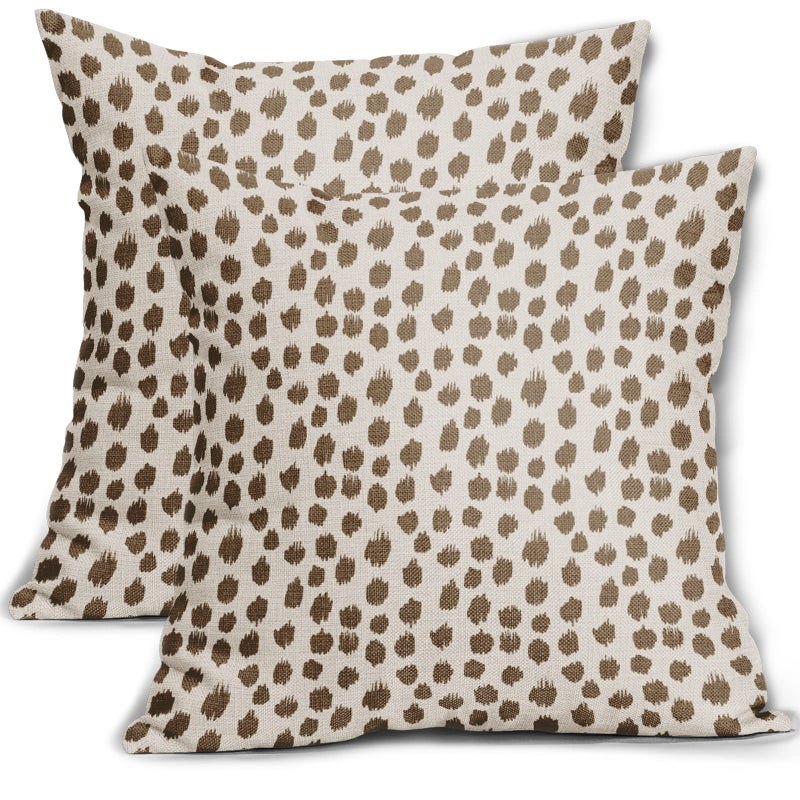 Sweetshow Brown Cream Pillow Covers 18x18 Set of 2 Boho Design Polka Dot Throw Pillows Modern Brush Strokes Print Decorative Outdoor Pillowcase Square Cushion Cover Linen Pillow Case for Home Sofa Couch Bed - Image 1