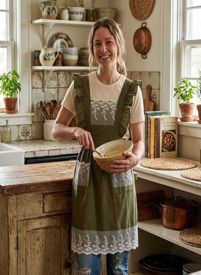 Zulzifs Vintage Aprons for Women - Cute Pinafore Cooking Apron Dress with Pockets for Kitchen Baking Gardening Painting (Olive Green) - Image 4