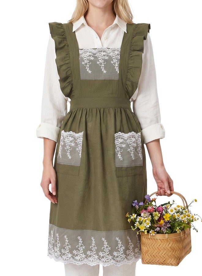 Zulzifs Vintage Aprons for Women - Cute Pinafore Cooking Apron Dress with Pockets for Kitchen Baking Gardening Painting (Olive Green) - Image 1