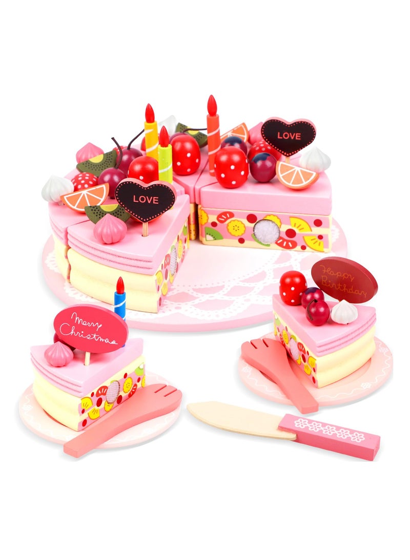 SYOSI Birthday Party Cake for Kids Wooden Play Food Sets - Pretend Play Kitchen Set for Toddlers with Wood Candles/Fruits/Dishes/Forks - Learning Educational Toys for Boys Girls - Image 1