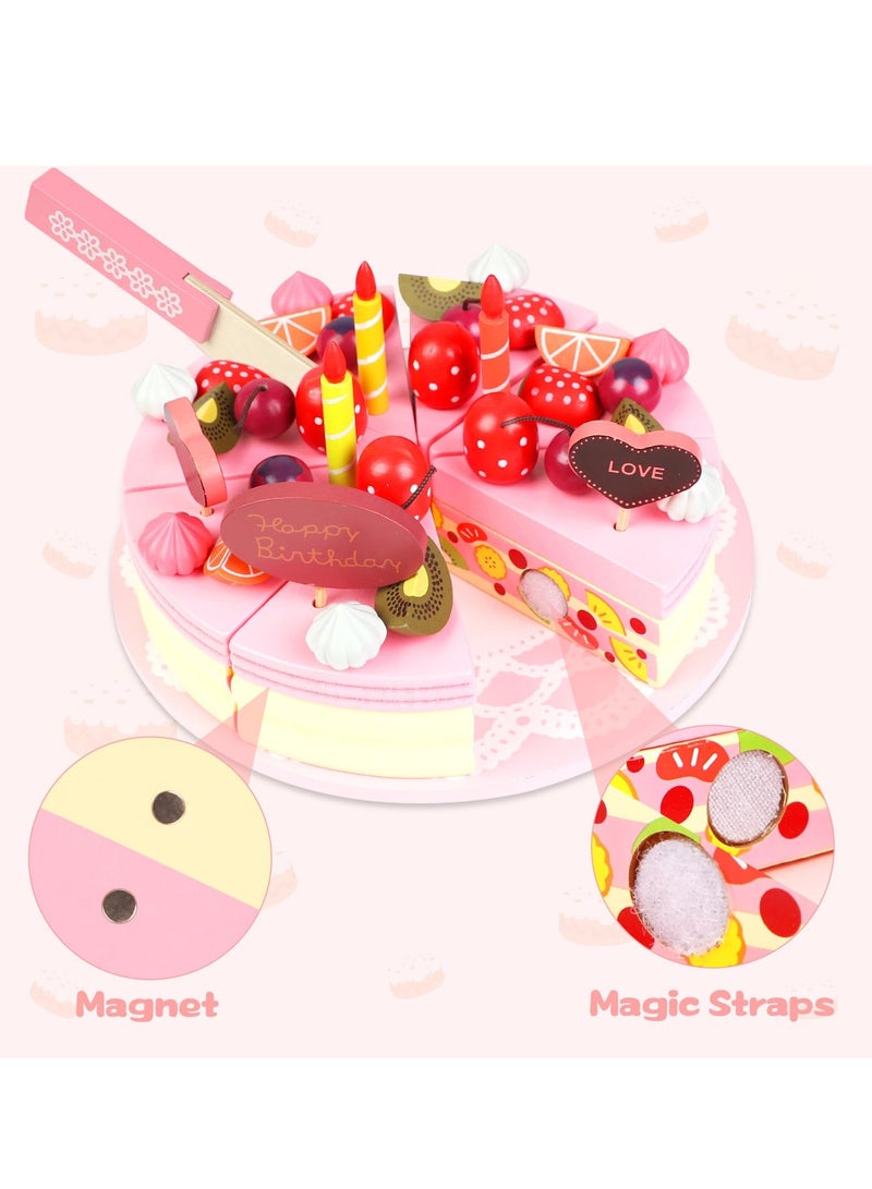 SYOSI Birthday Party Cake for Kids Wooden Play Food Sets - Pretend Play Kitchen Set for Toddlers with Wood Candles/Fruits/Dishes/Forks - Learning Educational Toys for Boys Girls - Image 4