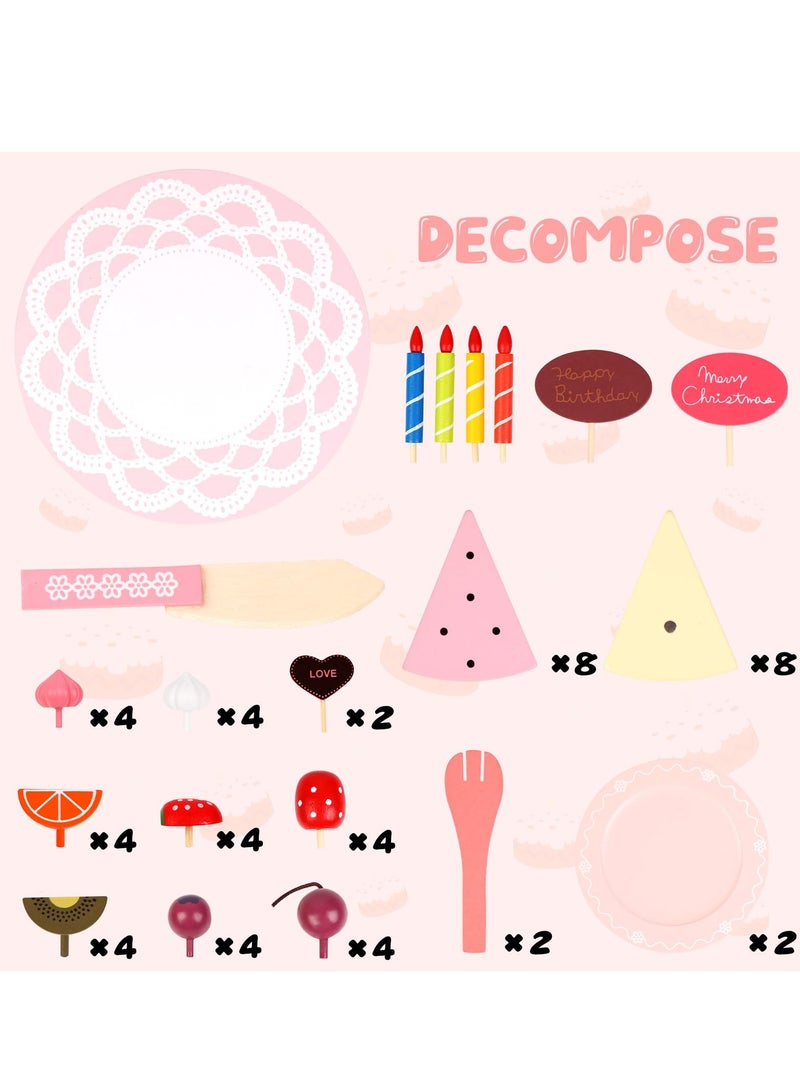 SYOSI Birthday Party Cake for Kids Wooden Play Food Sets - Pretend Play Kitchen Set for Toddlers with Wood Candles/Fruits/Dishes/Forks - Learning Educational Toys for Boys Girls - Image 3