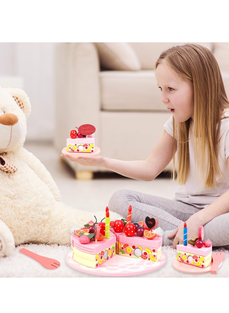 SYOSI Birthday Party Cake for Kids Wooden Play Food Sets - Pretend Play Kitchen Set for Toddlers with Wood Candles/Fruits/Dishes/Forks - Learning Educational Toys for Boys Girls - Image 2