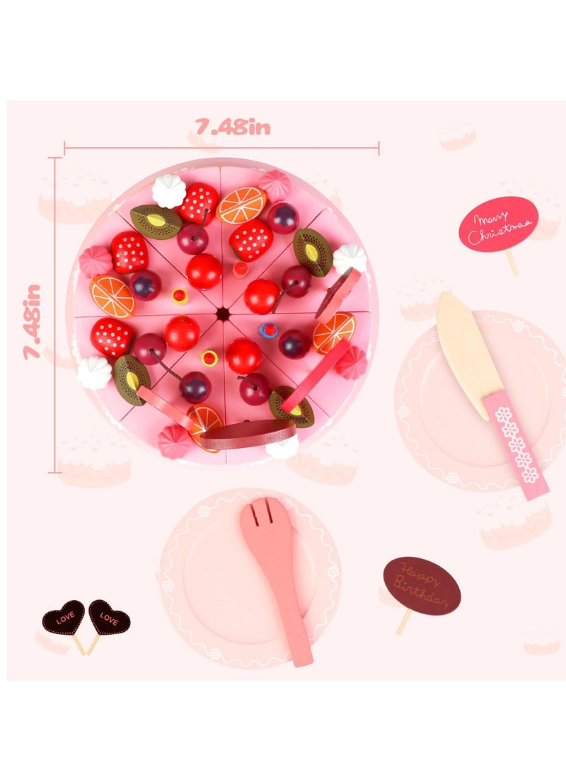 SYOSI Birthday Party Cake for Kids Wooden Play Food Sets - Pretend Play Kitchen Set for Toddlers with Wood Candles/Fruits/Dishes/Forks - Learning Educational Toys for Boys Girls - Image 5