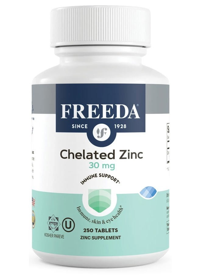 Freeda Chelated Zinc Supplement - Kosher 30 mg Zinc Chelate Zinc Tablets as Albion TRAACS Zinc Bisglycinate - Zinc Chelated for Adults - Pure Zinc 30mg - Zinc for Men & Women - (250 Tiny Tablets) - Image 1