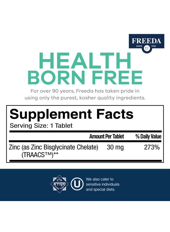 Freeda Chelated Zinc Supplement - Kosher 30 mg Zinc Chelate Zinc Tablets as Albion TRAACS Zinc Bisglycinate - Zinc Chelated for Adults - Pure Zinc 30mg - Zinc for Men & Women - (250 Tiny Tablets) - Image 3