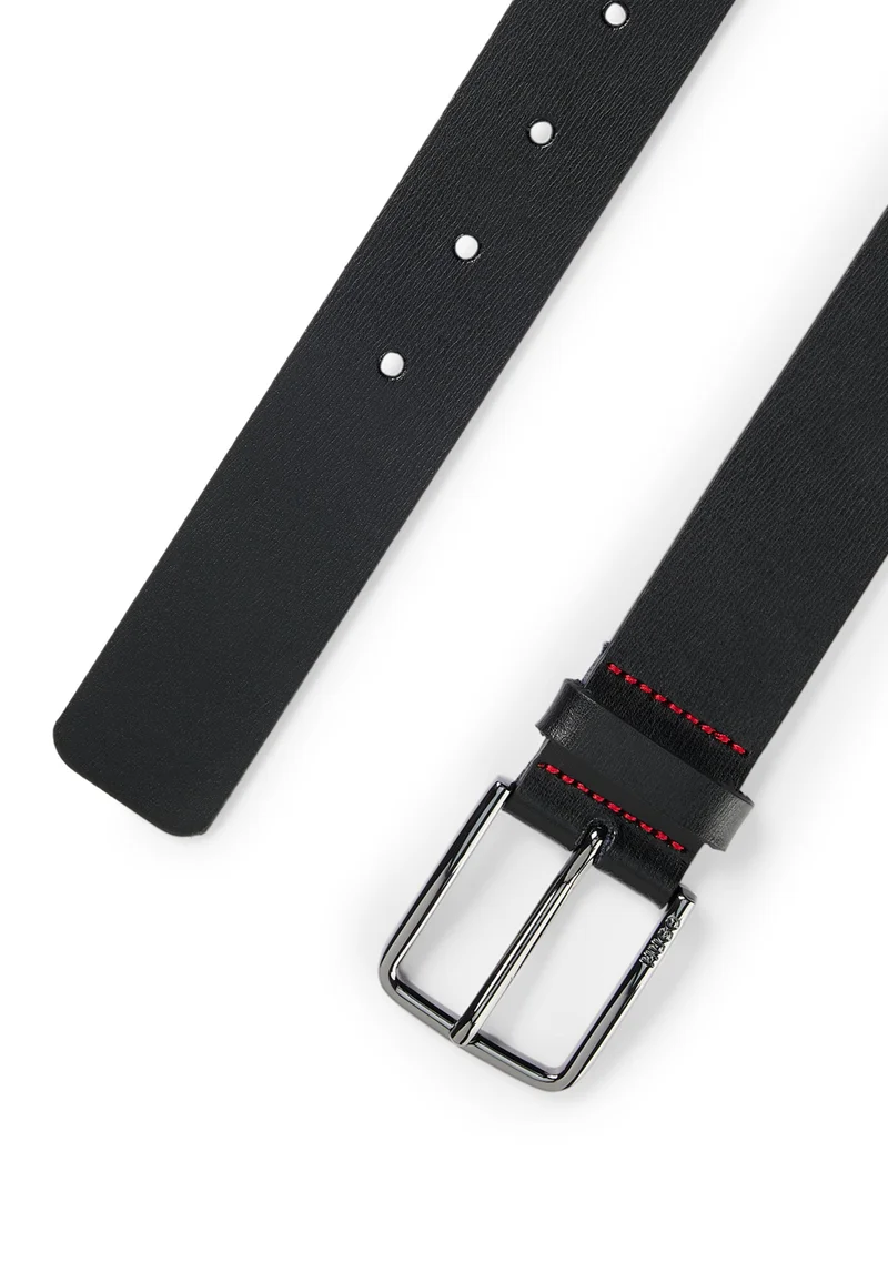 HUGO Italian-leather belt with red stitching