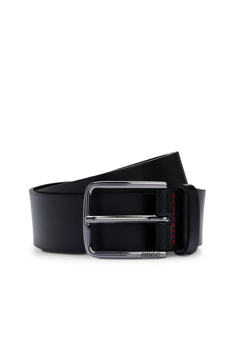 HUGO Italian-leather belt with red stitching