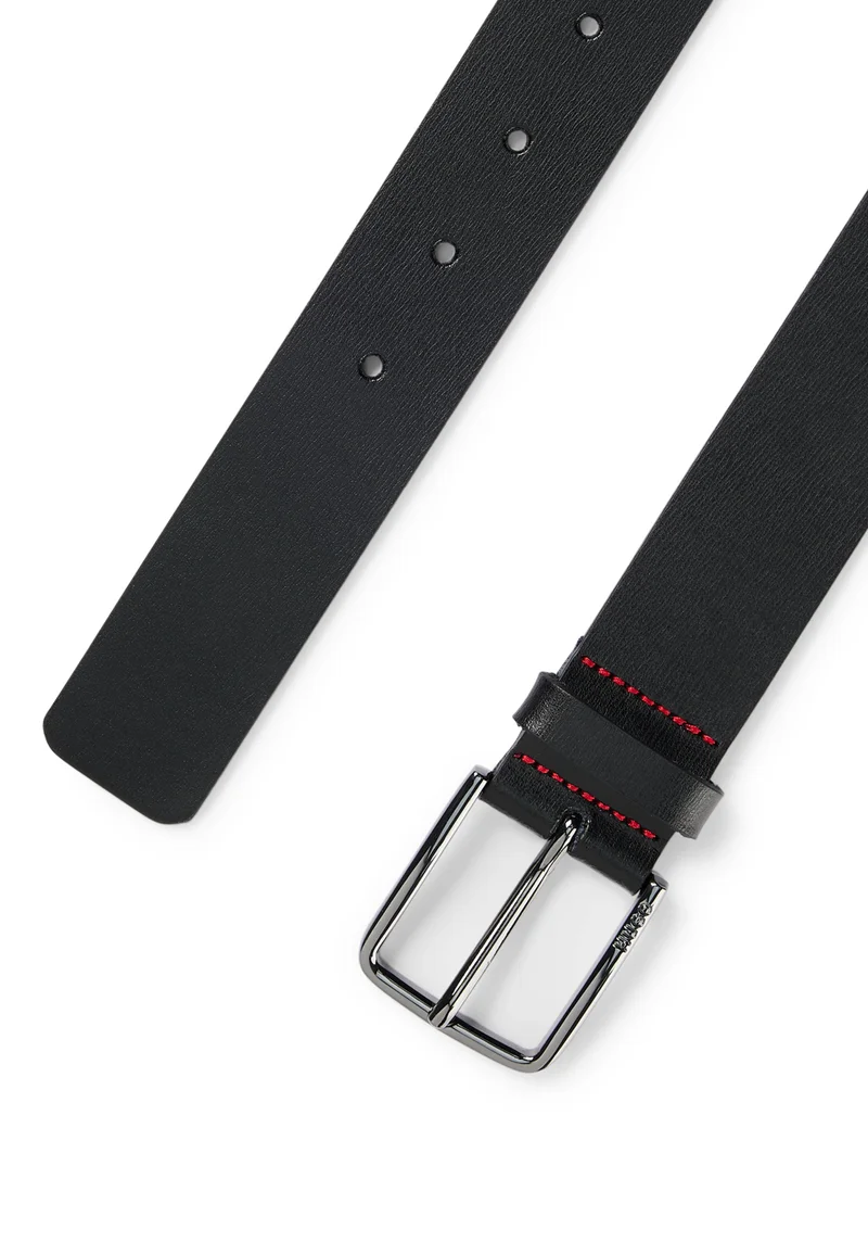 Hugo Grained-leather belt with red stitching