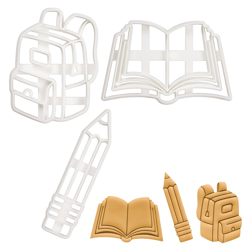 Bakerlogy Set of 3 Back to School themed cookie cutters (Designs: Backpack  Book  Pencil)  3 pieces - Bakerlogy - Image 1