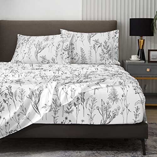 HYPREST Floral Bed Sheets King Size 18 inches Deep Pocket Sheets 1800 Thread Count Black and White Leaf Sheet Set Soft Breathable Cute Aesthetic Sheets Shabby Chic Bed SheetsOekoTex Certificated