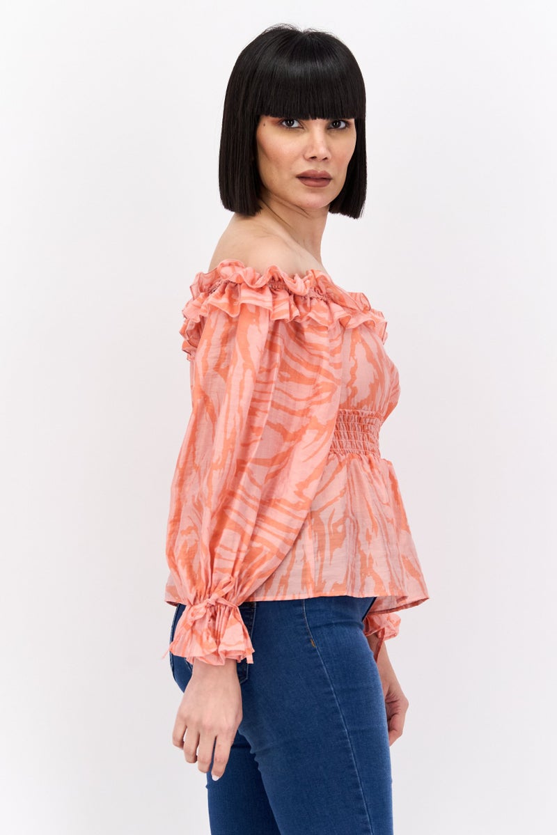 RIVER ISLAND Women Off Shoulder Neck Long Sleeve All Over Print Blouse, Light Orange - Image 3