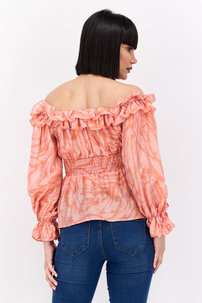 RIVER ISLAND Women Off Shoulder Neck Long Sleeve All Over Print Blouse, Light Orange - Image 1