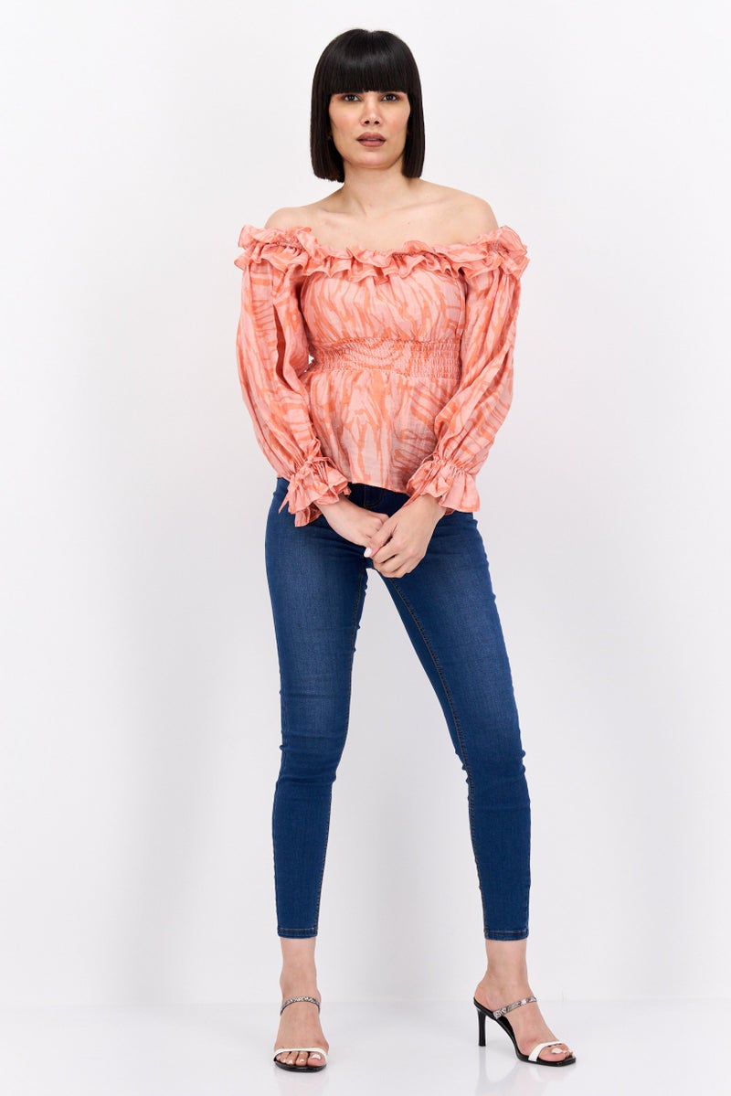 RIVER ISLAND Women Off Shoulder Neck Long Sleeve All Over Print Blouse, Light Orange - Image 2