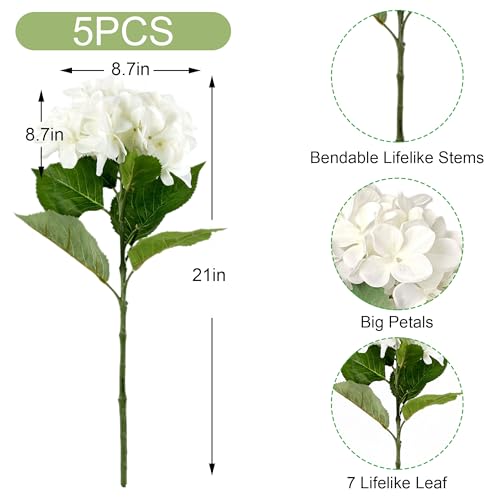 Acfruits 5Pcs Realistic White Hydrangea Artificial Flowers with Stems 21 Inch Lifelike Faux Hydrangeas Flower Large Hydrangea for Weddings Bouquets Table Centerpieces Home Decor Party - Image 2
