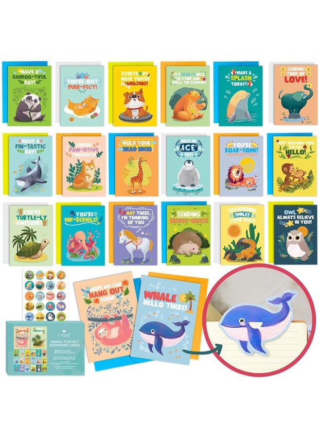 T MARIE Animal Fun Fact Cards with Bookmarks - 20 Greeting Cards with Pop-Out Bookmark Mini Gifts - Punny, Funny Bulk Thinking of You Notecards for Kids, Grandkids, Teachers, Students, Friends, Family & More - Image 1