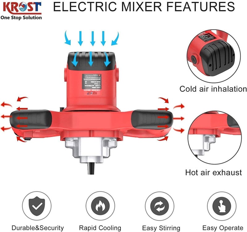 Hellaro Plastic 1400W Electric PaintCementConcrete Mixer with Variable Speed Red - Image 3