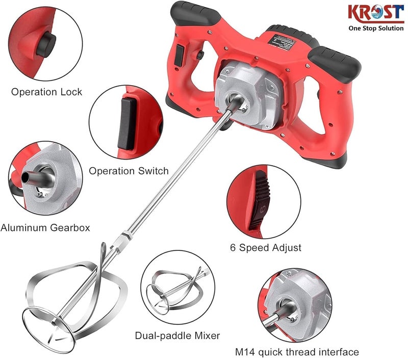 Hellaro Plastic 1400W Electric PaintCementConcrete Mixer with Variable Speed Red - Image 2