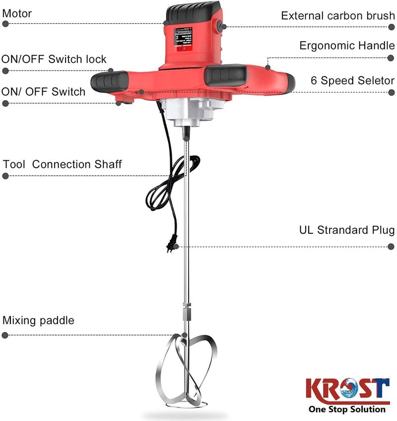 Hellaro Plastic 1400W Electric PaintCementConcrete Mixer with Variable Speed Red - Image 4
