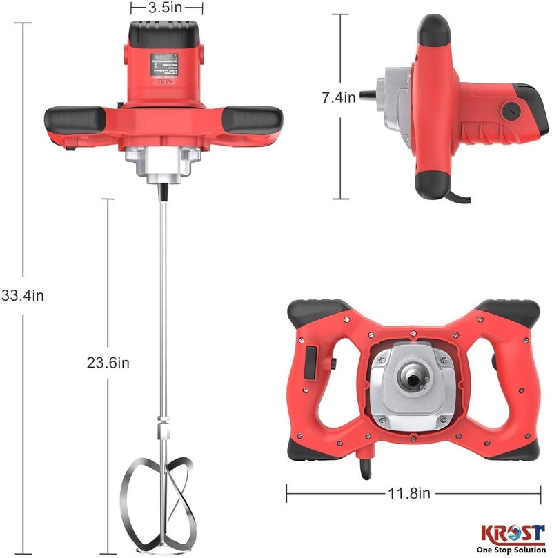 Hellaro Plastic 1400W Electric PaintCementConcrete Mixer with Variable Speed Red - Image 5