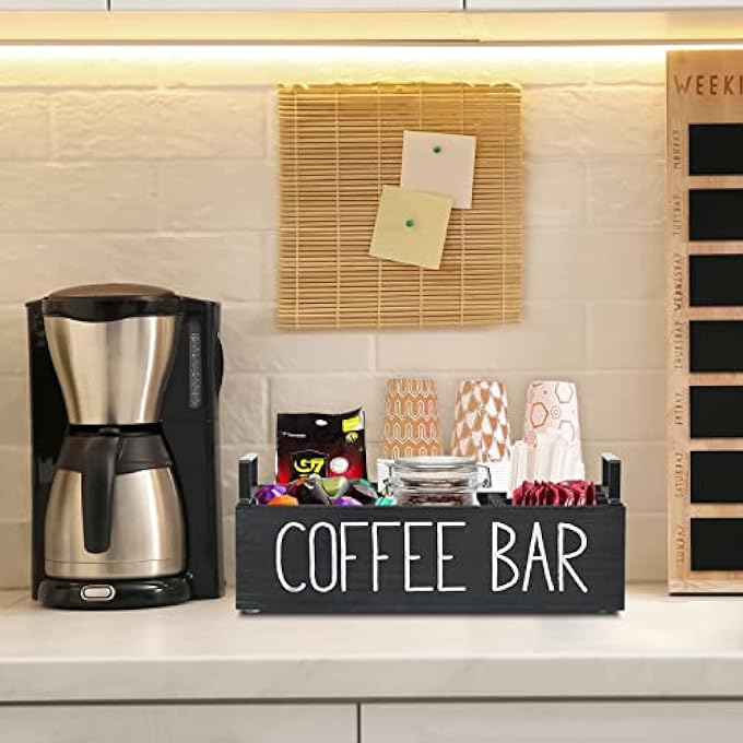 quxup Wooden Coffee Station Organizer Farmhouse Coffee Bar Accessories Organizer For Counter KCup Pod Holder Storage Basket With Handle - Image 2