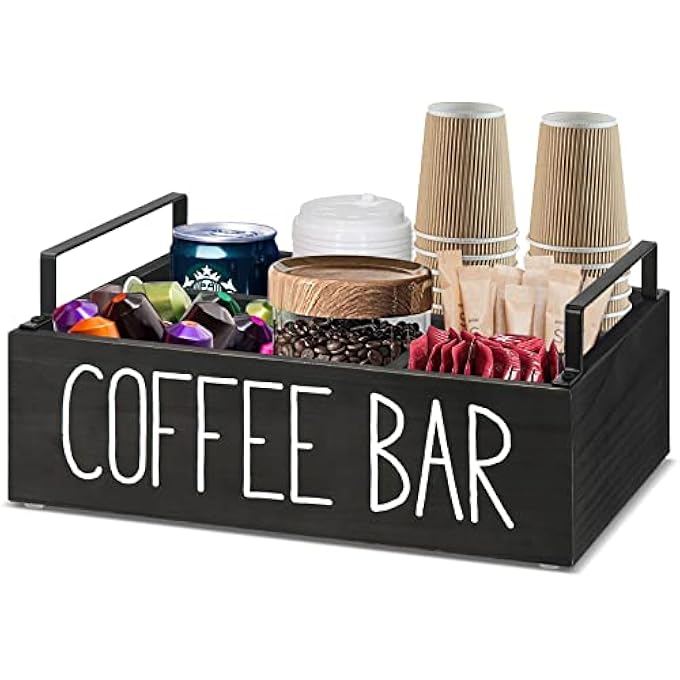 quxup Wooden Coffee Station Organizer Farmhouse Coffee Bar Accessories Organizer For Counter KCup Pod Holder Storage Basket With Handle - Image 1