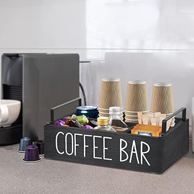 quxup Wooden Coffee Station Organizer Farmhouse Coffee Bar Accessories Organizer For Counter KCup Pod Holder Storage Basket With Handle - Image 3