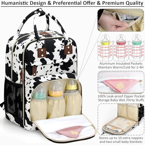 Tenot Diaper Bag Backpack for Women with Changing Pad Baby Bag with Insulated Pockets Multifunctional Diaper Bags For Baby Girl Boy Waterproof Baby Bags For Boys Girls Maternity Bag Cow Print - Image 3