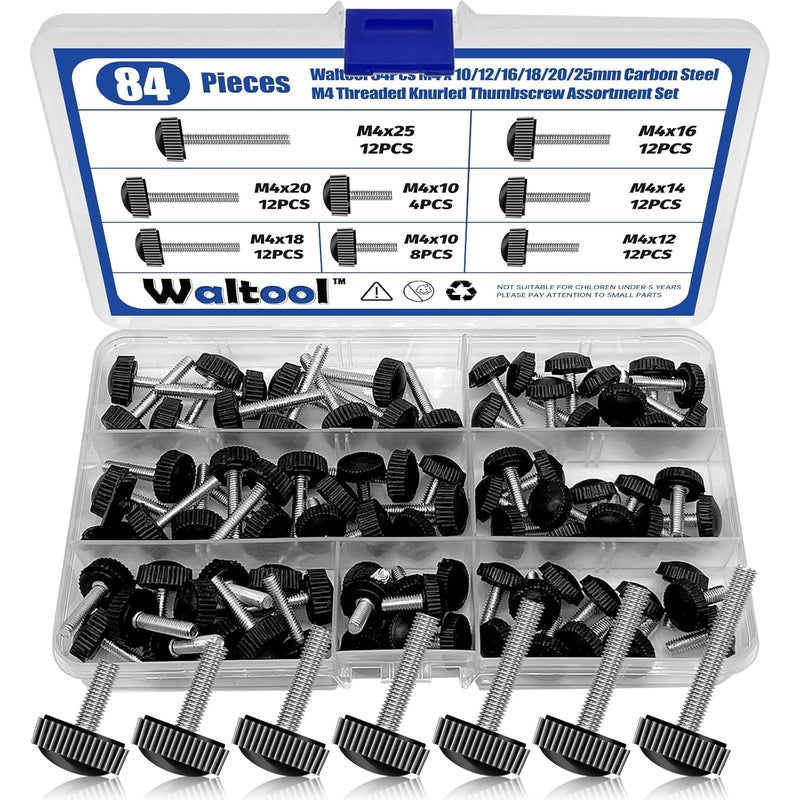Waltool 84Pcs 7 Sizes Carbon Thumbscrew Assortment Set, M4 x 10/12/14/16/18/20/25mm Screw on Thread Knurled Round Clamping Knobs Handle Bolts Grip Thumb Screws for Machine - Image 1