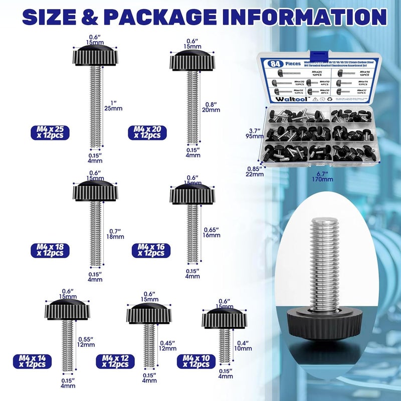 Waltool 84Pcs 7 Sizes Carbon Thumbscrew Assortment Set, M4 x 10/12/14/16/18/20/25mm Screw on Thread Knurled Round Clamping Knobs Handle Bolts Grip Thumb Screws for Machine - Image 2
