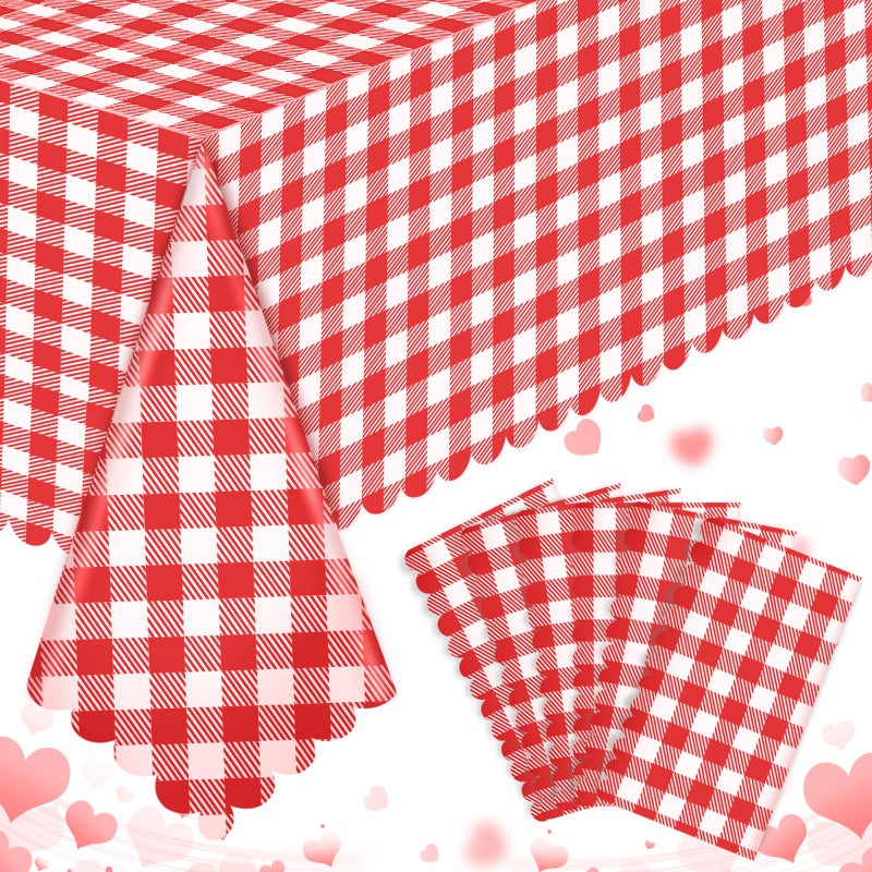 NatNarr 6 Pack Red and White Checkered Tablecloth, 54 X 108Inch Plastic Red Gingham Tablecloth Disposable Picnic Tablecloth Waterproof Red Checkered Tablecloth for Picnic Barbecue Birthday Farm Party - Image 1