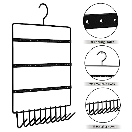 TechSrmaji Metal Wall Hanging Jewellery Organizer, Jewelry Hanger, Earring Organizer Rack, Jewellery Display Stand with 10 Hanging Hooks & 72 Holes for Earrings Suitable for Bracelets Holder Stand - Image 3