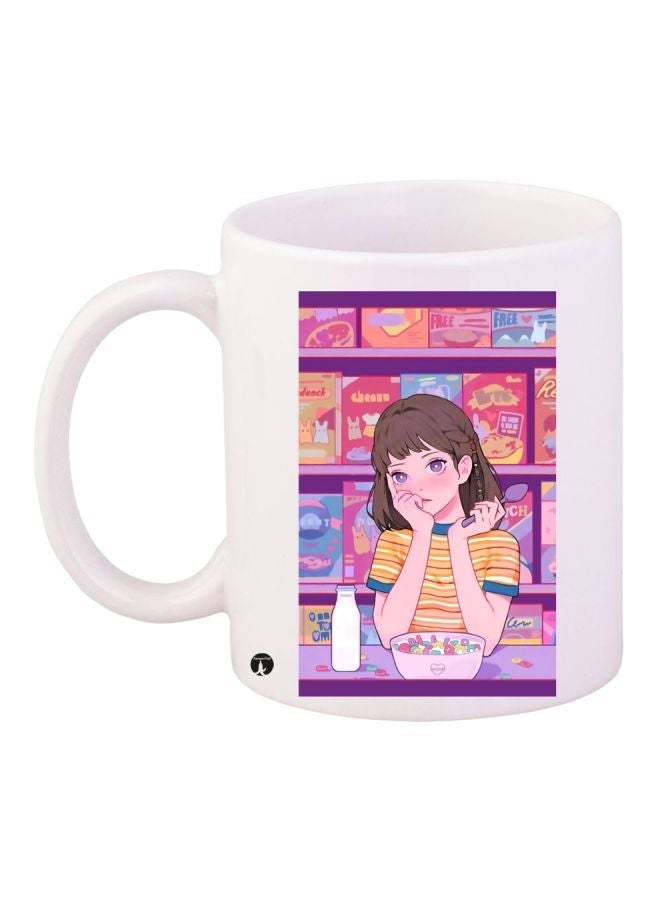 RYN Cartoon Girl Printed Coffee Mug White/Pink/Beige 11ounce