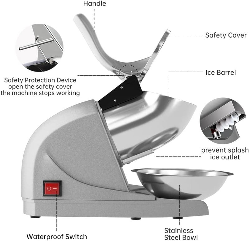 OKF Ice Shaver Prevent Splash Snow Cone Machine, Electric 3 Blades Shaved Ice Machine, 380W Ice Shaver Machine, 286lbs/hr Shave Ice Machines, Snowcone Machines, Ice Crusher (Silver) - Image 3