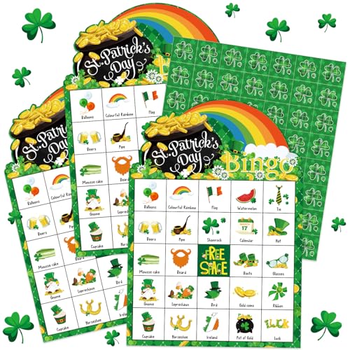 Liliful 39 Pcs St Patricks Day Bingo Games for Adult Boy Girl 28 Players St Patricks Bingo Cards Shamrock Party Games for Teens Classroom Family Activities Saint Patricks Day Party Favors Supplies - Image 1