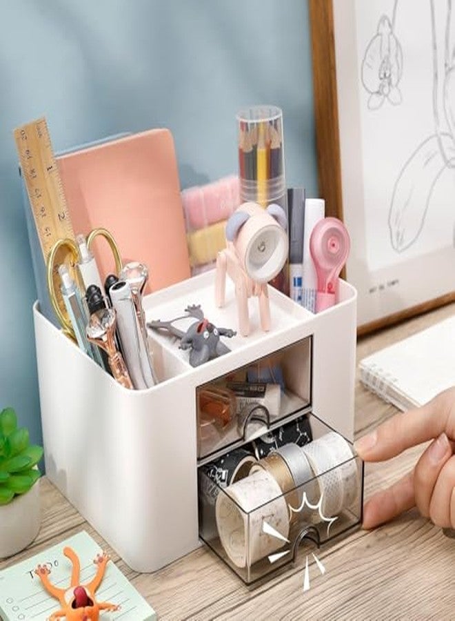 RILION Desk Organiser with 5 Compartments and 2 Drawers, Desktop Storage Box for Office Supplies and Stationery, White - Image 4