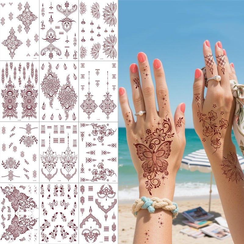 Xmasir Brown Henna Tattoo Kit, 12 Sheets Waterproof Temporary Tattoo Stickers Flower Fake Tattoos for Girls Women Body Art Stickers - Image 1
