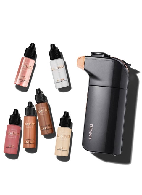 Luminess Breeze Duo Airbrush Makeup System Deep Coverage  9Piece Kit includes 2x Silk Airbrush Foundation Apricot Shade Blush Glow Highlighter Moisturizer Primer and Airbrush Cleaning Solution