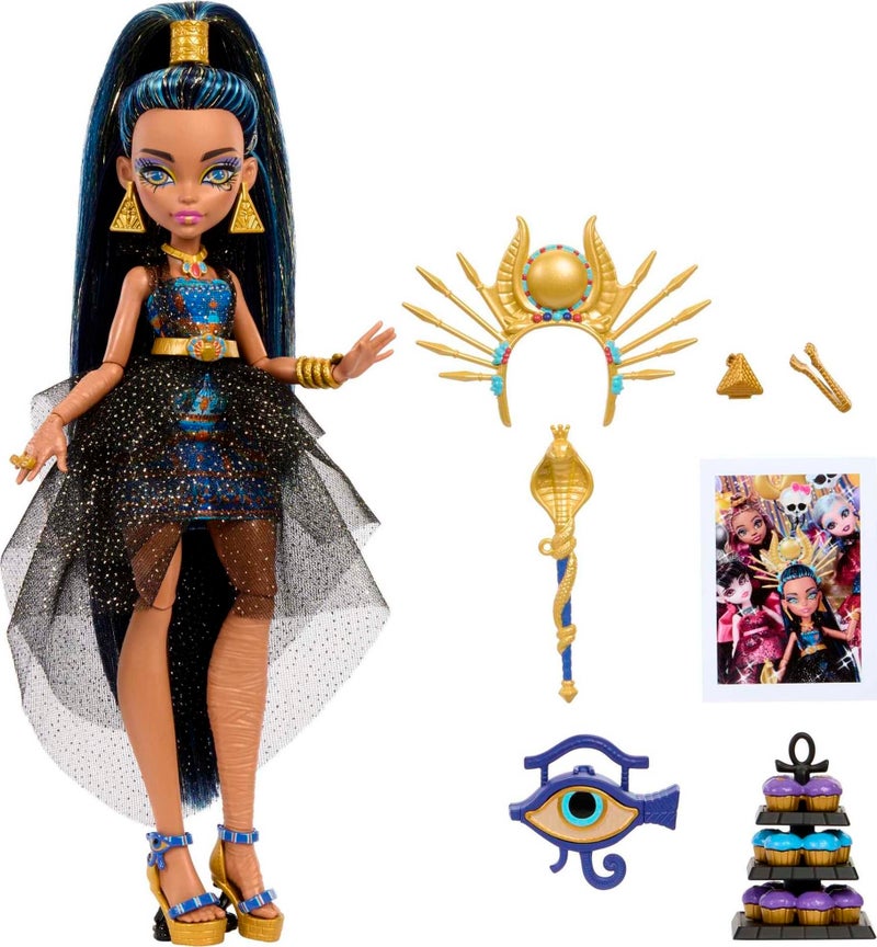 MONSTER HIGH دمية مونستر هاي مونستر بول، كليو دي نايل في فستان حفلة مع ملحقات ذات طابع بما في ذلك الصولجان والكعك - Image 1