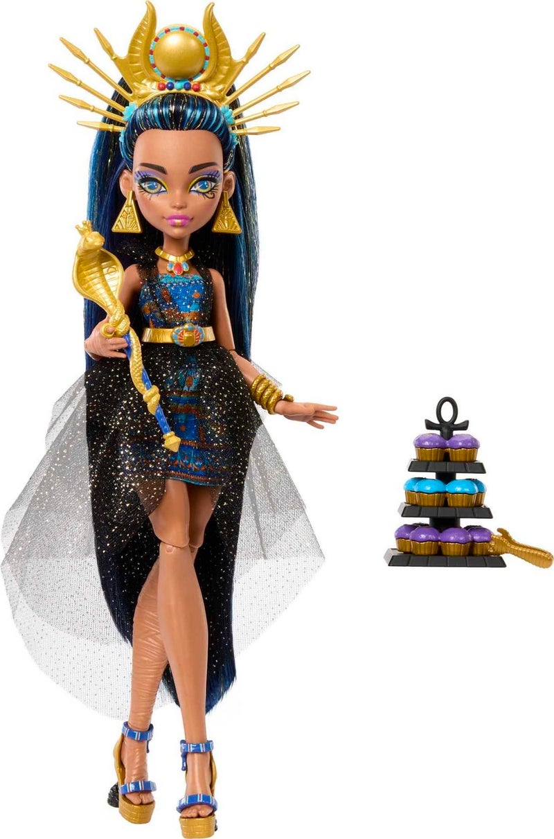 MONSTER HIGH دمية مونستر هاي مونستر بول، كليو دي نايل في فستان حفلة مع ملحقات ذات طابع بما في ذلك الصولجان والكعك - Image 4