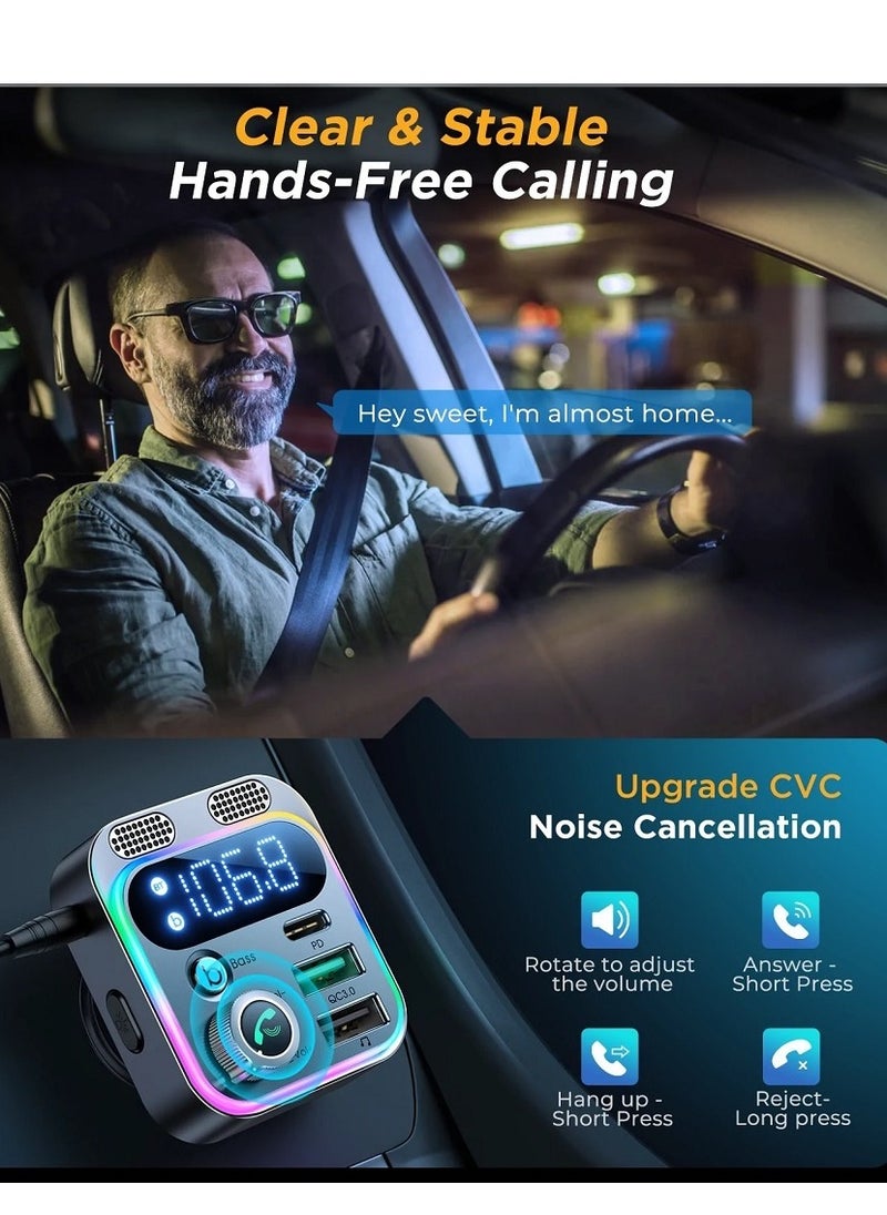 JOYROOM - Joyroom 48W Wireless FM Transmitter, Bluetooth 5.0  FM Transmitter Wireless Radio Adapter with Dual USB+PD+AUX Conenection Charging Car Charger MP3 Player Support TF Card & USB Flash Drive - Image 1