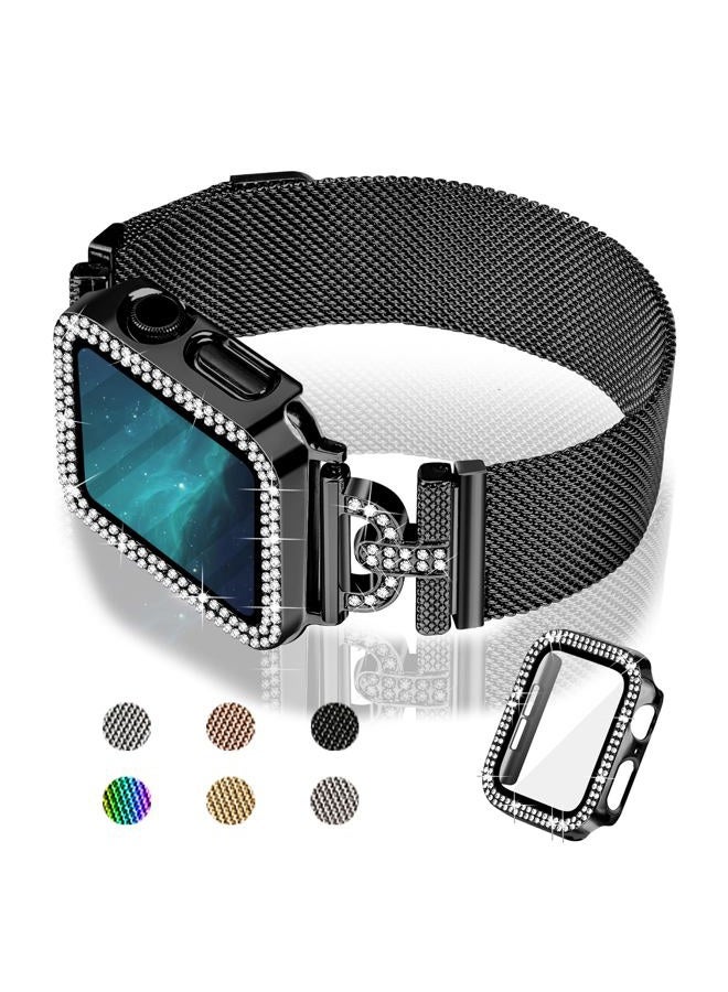 JOYOZY Magnetic Band Compatible with Apple Watch Band 38mm 40mm 41mm 42mm 44mm 45mm 46mm Milanese Strap with Bling Case and Screen Protector, Dressy Stainless Steel iWatch Loop for Women (Black 45mm) - Image 1