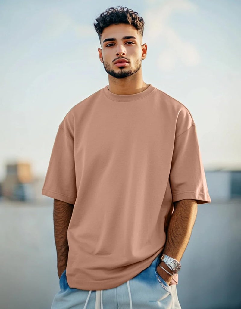 Veirdo®Cork Oversized Baggy Fit Drop Shoulder Half Sleeves Round Neck Solid Pure Cotton T-Shirt for Men (OS_100_Cork_M) - Image 2