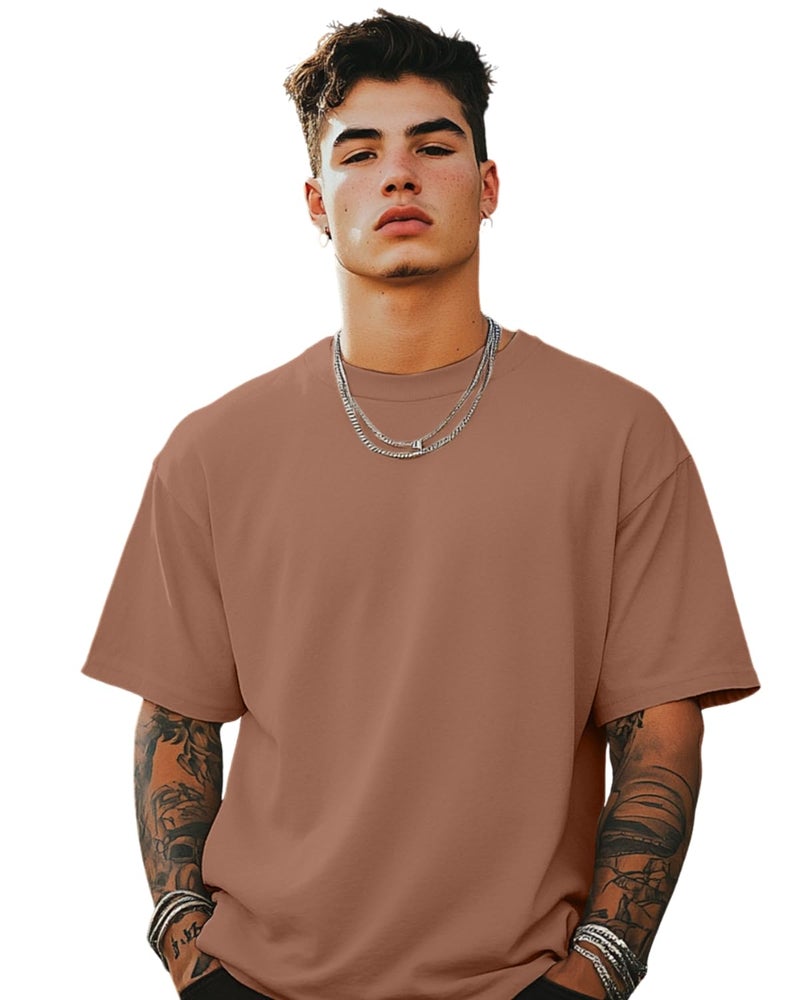 Veirdo®Cork Oversized Baggy Fit Drop Shoulder Half Sleeves Round Neck Solid Pure Cotton T-Shirt for Men (OS_100_Cork_M) - Image 1